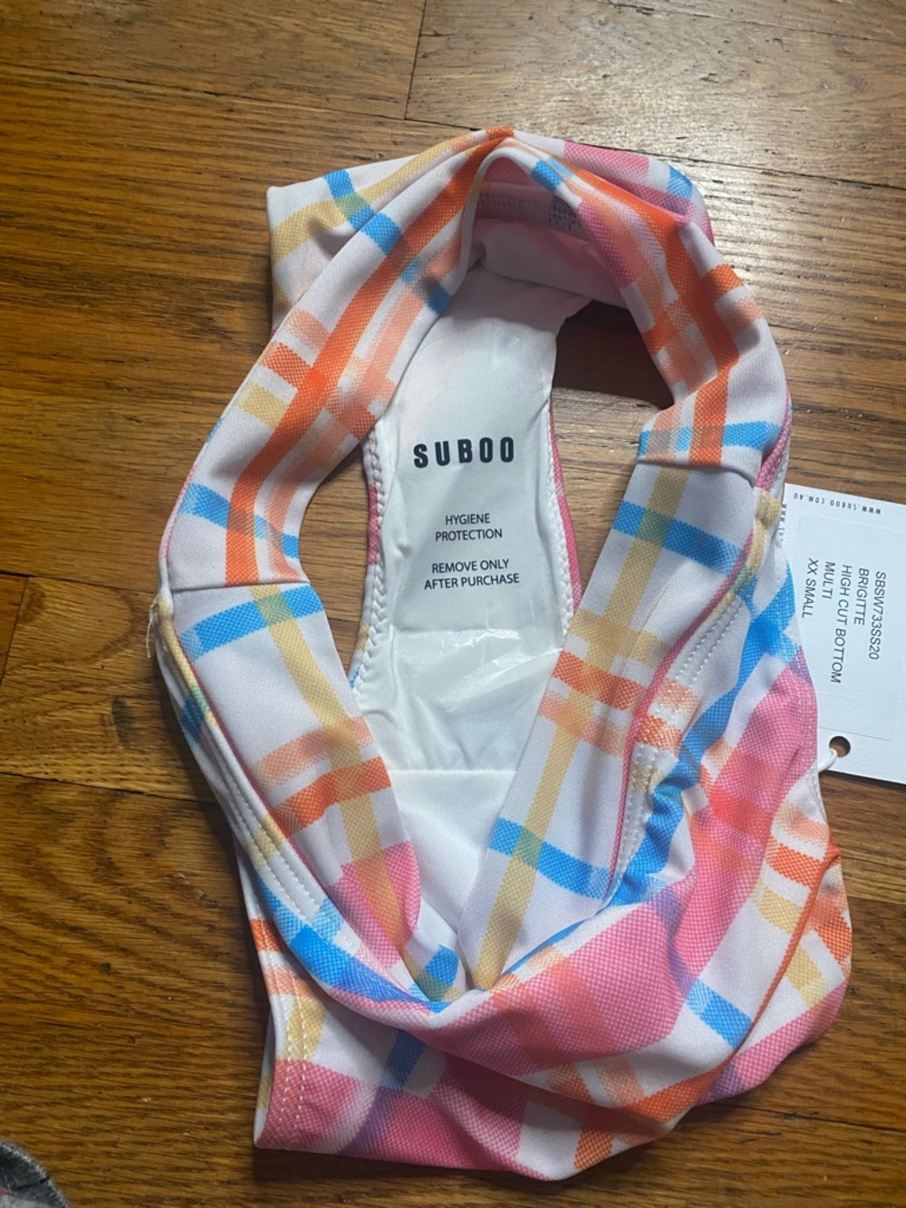 Suboo Brigitte High Cut Bikini Bottom XXS Plaid Pink Orange Blue NWT - Picture 7 of 7